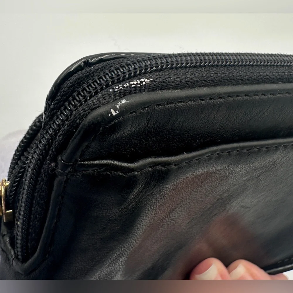 Coach Black Leather Wristlet Wallet With Patent Leather Accent And Bow Detail